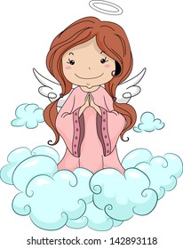 Illustration of a Girl Angel Praying while Kneeling on the Clouds