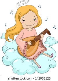 Illustration of a Girl Angel Sitting on Clouds Playing Lute