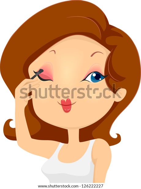 Illustration of a Girl Applying Eyeshadow Makeup on Eyelids