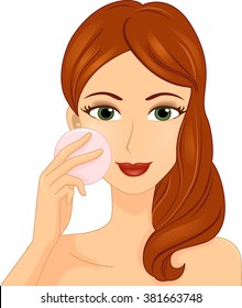 Illustration of a Girl Applying Pressed Powder on Her Cheeks