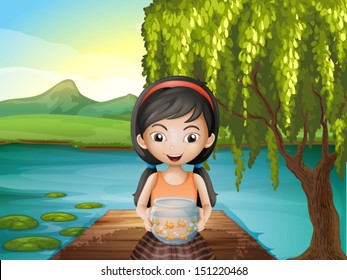 Illustration of a girl with an aquarium standing at the riverbank