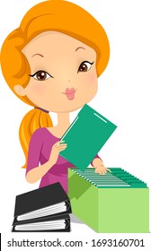 Illustration of a Girl Arranging Folders Inside a Box with Binders for Work or Homeschooling
