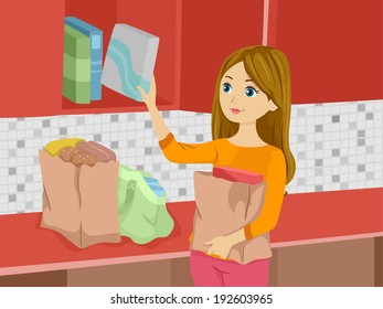 Illustration of a Girl Arranging Groceries in the Cupboard