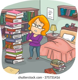 Illustration of a Girl Assessing the Pile of Books in Her Bedroom