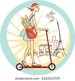 Illustration of a girl with a bag of delicious French baguettes on a scooter rides along a Parisian street with the Eiffel Tower in the background
