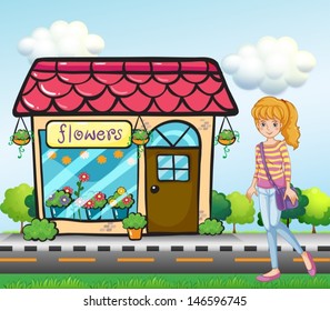 Illustration of a girl with a bag outside the flower shop