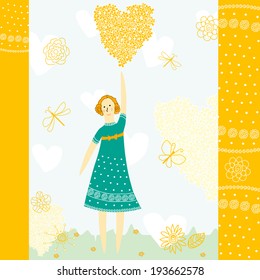 Illustration of girl with balloon-heart