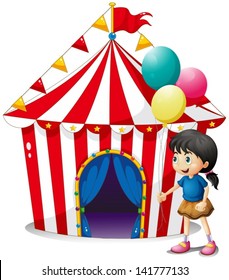 Illustration of a girl with balloons in front of the circus tent on a white background