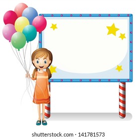 Illustration of a girl with balloons standing in front of an empty board on a white background