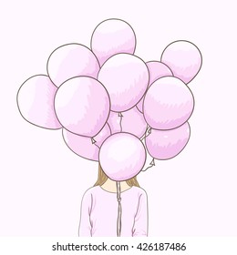 Illustration girl with balloons. Vector. Doodle. 