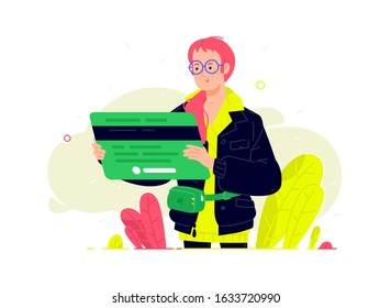 Illustration of a girl with a bank card in a flat style. Vector. Bank customer with a debit card. Investment banking instruments. Deposit, debit and credit. Purchases by bank transfer.
