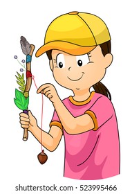 Illustration eines Mädchens in einer Baseball-Höhle, die Souvenirs auf ihrem Reise-Stick hinzufügen