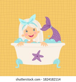 Illustration with a girl in the bath. Mermaid in cartoon style