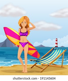 Illustration of a girl at the beach with a colourful surfing board