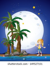 Illustration of a girl at the beach under the bright fullmoon