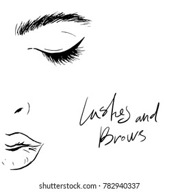 Illustration of a girl with beautiful eyelashes and thick eyebrows.