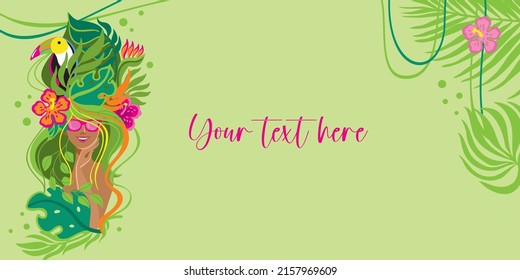 Illustration of a girl with a beautiful hairstyle decorated with exotic flowers and plants. Banner for summer sales. Your text here.