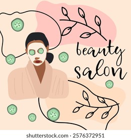 Illustration of a girl in a beauty salon on a pink background.