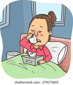 Illustration of a Girl in Bed with Flu holding a box of tissue