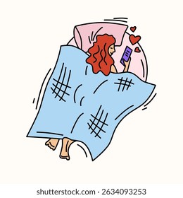 illustration of girl in bed with phone. Color print on white background
