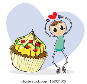 Illustration of a girl beside a big cupcake on a white background