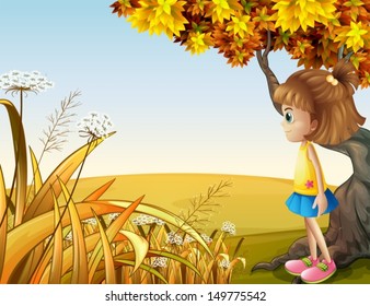 Illustration of a girl beside the giant old tree