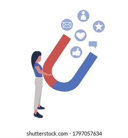 Illustration of a girl with a big magnet. Girl magnetizes followers, likes, messages. Social media marketing concept. 
Vector illustration in a flat style.