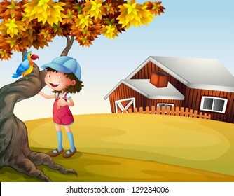 Illustration of a girl and a bird at the backyard