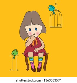 illustration of a  girl with birds and cage