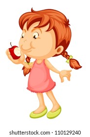 illustration of a girl biting apple on a white background