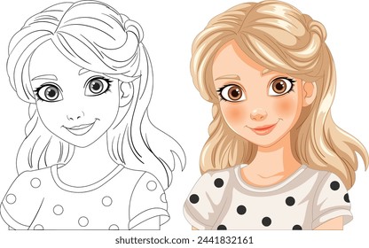 Illustration of a girl, black and white to color