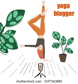 Illustration of a girl blogger yogi. Record, photo of asana on hand. Freelancer woman. Social network. Vector graphics.