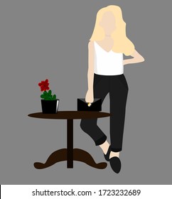 illustration of a girl with blond hair in black trousers. a white blouse, holds a black clutch bag, stands near a table, on a gray background