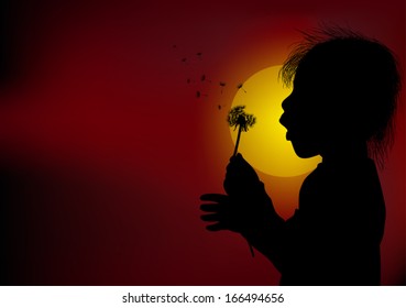 illustration with girl blowing on dandelion at sunset