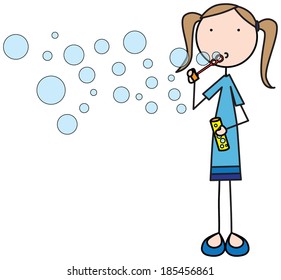 Illustration of a girl blowing soap bubbles