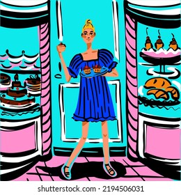 Illustration of a girl in a blue dress in a candy store. The girl holds a tray of cupcakes in her hands. Bright cheerful print for any purposes.