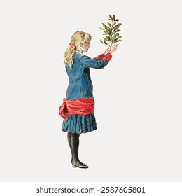 Illustration of a girl in a blue dress with a red sash, holding a branch. She has blonde hair tied with a red ribbon. Vintage style artwork. Vintage art illustration, vector.