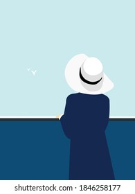 Illustration Of A Girl In A Blue Dress And White Hat On The Background Of The Sea