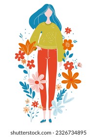 Illustration of girl with blue hair in casual clothes in sweater and jeans standing surrounded by flowers. Vector in flat style character beautiful woman for packaging print or postcard 