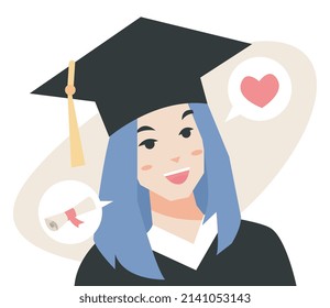 illustration of girl with blue hair celebrating graduation with happy expression. with scroll and heart icon suitable for the theme of graduation celebration, school, university. flat vector