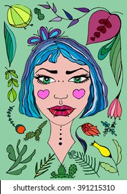 Illustration of a girl with blue hair and fabulous plants
