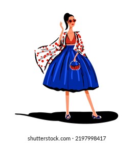 Illustration Of A Girl In A Blue Skirt And A Red Top With A White Kerchief With Red Polka Dots On Her Shoulders. Fashion Illustration.