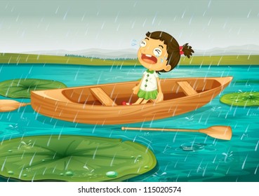 illustration of girl and boat in a beautiful nature