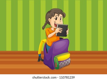 illustration of a girl with book in a bag