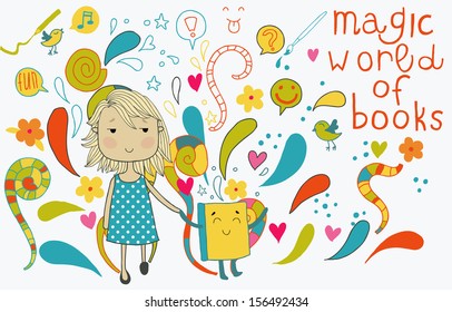 Illustration of a girl and a book. Discover the magical world of books!