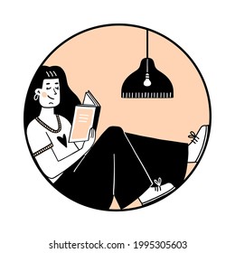 Illustration of a girl with a book. Reading, time with yourself, lifestyle. Composition in a circle. Simple cute style.