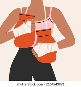 Illustration mit einem Girl Boxer mit Handschuhen, in Sportbekleidung. 
Training, Boxen, Ringen, Verteidigung. Fragment. Cool sport-Illustration in modernen Farben.Handgezeichnete Vektorgrafik.