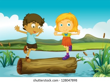 Illustration of a girl and a boy above a trunk floating in the river