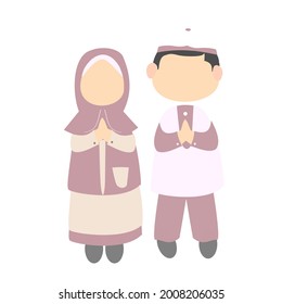 illustration of a girl and a boy apologizing. This image can be used as a greeting for Eid Al-Fitr