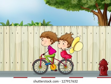 Illustration of a girl and a boy biking